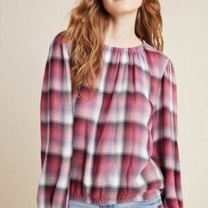 Cloth and Stone for Anthro Glacier Plaid Blouse Balloon Sleeve Elastic Hem